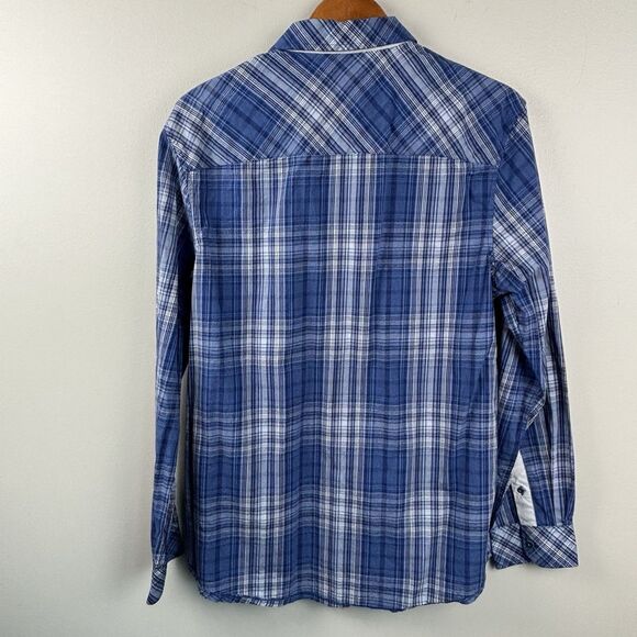 English Hero Mens Large Short Eminence Blue Button Up Geometric Cuff Pocket Rock - Picture 8 of 10